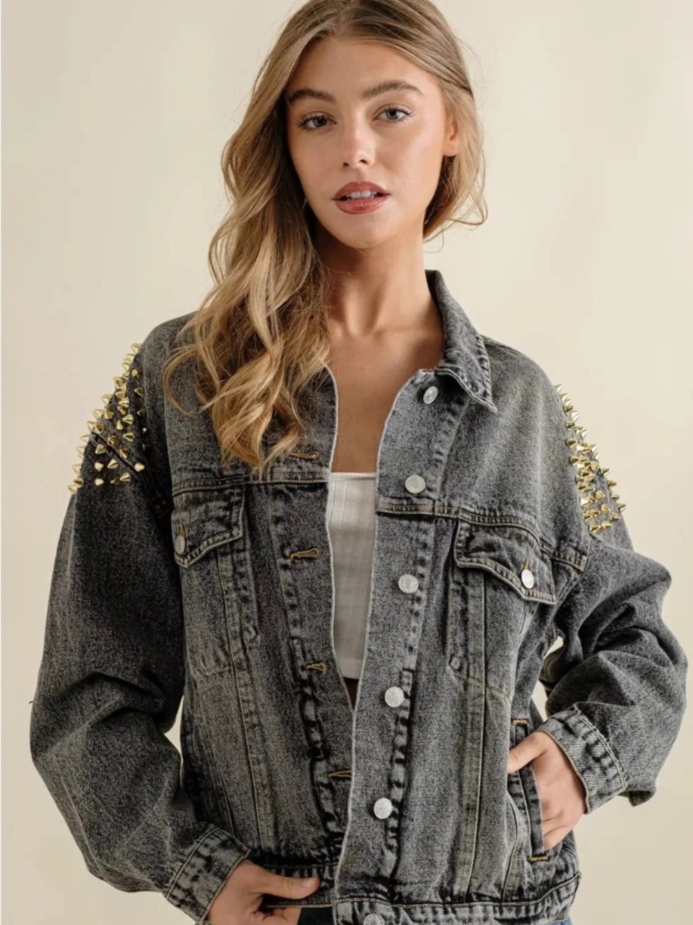 Shoulder Studded Charcoal Denim Jacket